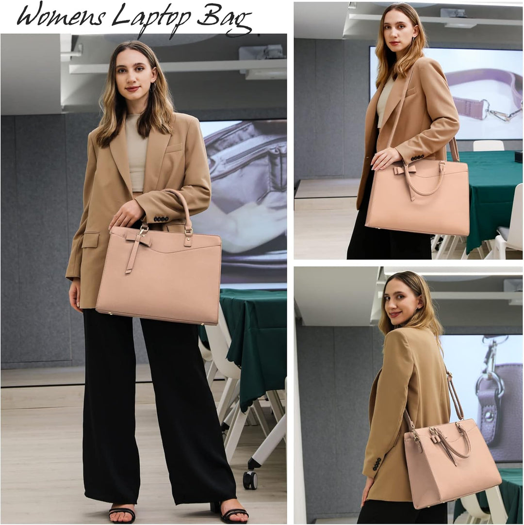 Front view: Women's waterproof PU leather laptop tote bag, multi-pocket, sleek design.