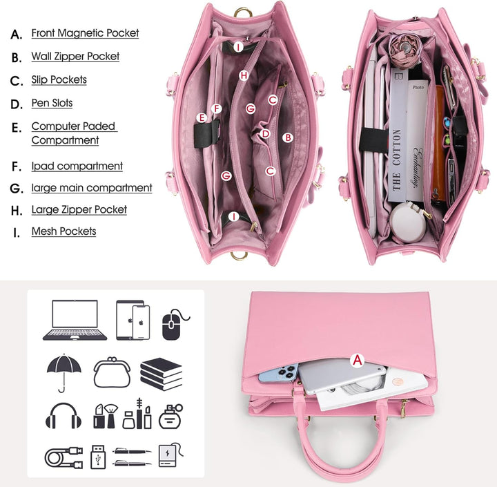Closed women's waterproof laptop tote bag, professional PU leather finish, secure zip.