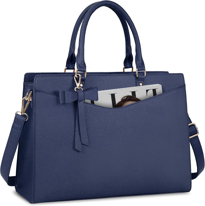 Side view of women's waterproof PU leather laptop tote bag, slim profile, yet spacious.
