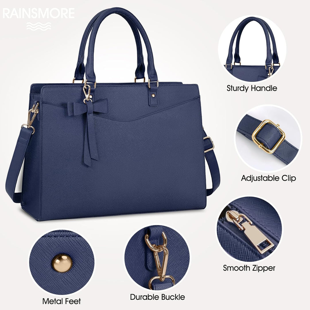 Back view of women's waterproof laptop tote bag, comfortable shoulder straps, professional.
