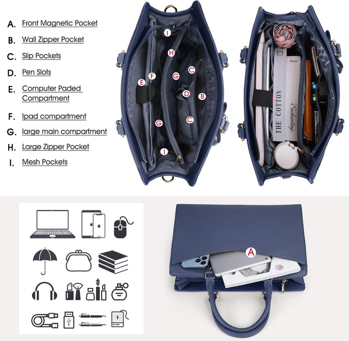 Woman using waterproof multi-pocket laptop tote bag in a cafe, stylish & functional.