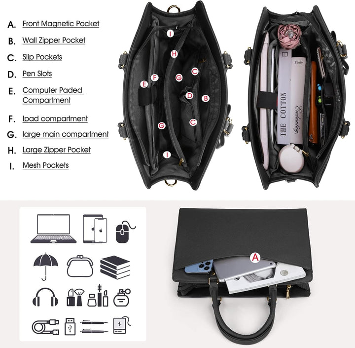 Women's waterproof PU leather laptop tote, an everyday essential work bag, multi-pocket.