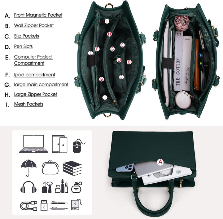 Professional women's waterproof laptop shoulder bag, multi-compartment PU leather tote.