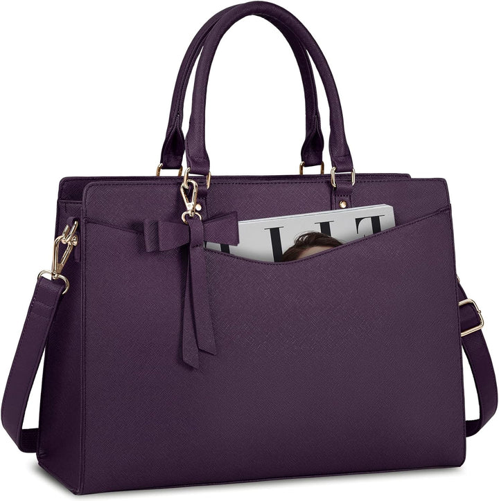 Durable PU leather waterproof laptop tote bag for women, multi-pocket for busy schedules.