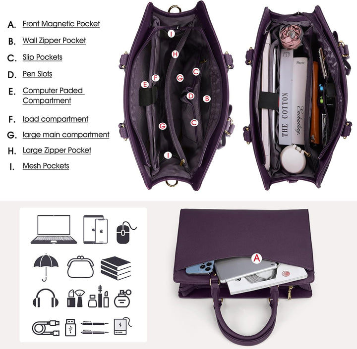 Smart women's waterproof laptop tote bag, multi-pocket design, ideal for conferences.