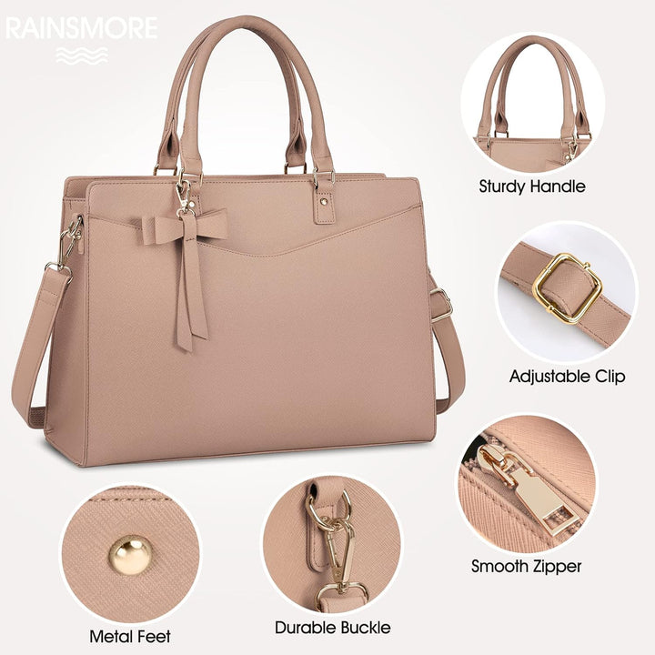 Organized women's waterproof laptop work bag, PU leather multi-pocket tote for daily use.