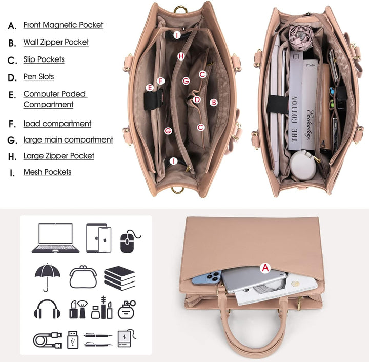 Chic women's waterproof laptop tote, multi-pocket internal design for tech & essentials.