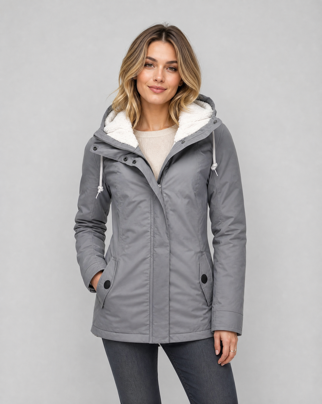 Women's waterproof rain jacket with hood, ideal for all-weather comfort & protection.