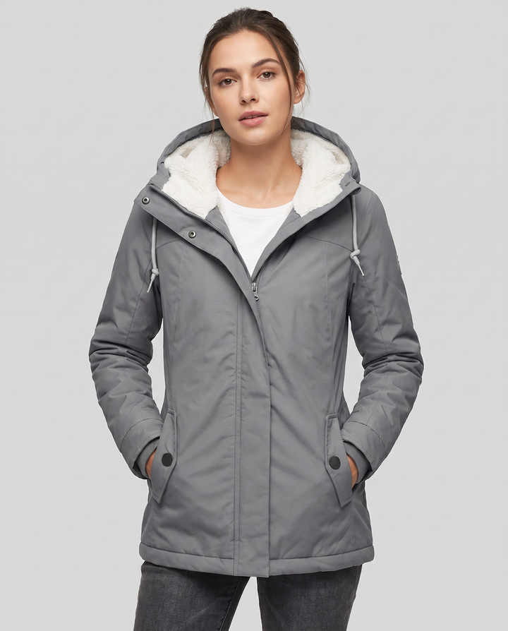 All-weather women's waterproof jacket with detachable hood, perfect for rain and wind.