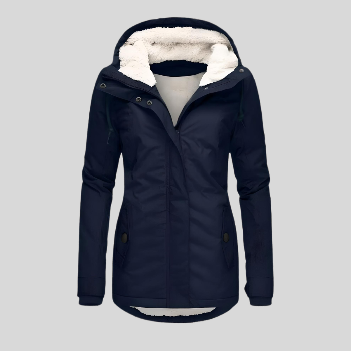 Weatherproof women's outerwear: a warm, waterproof jacket with a practical hood for comfort.