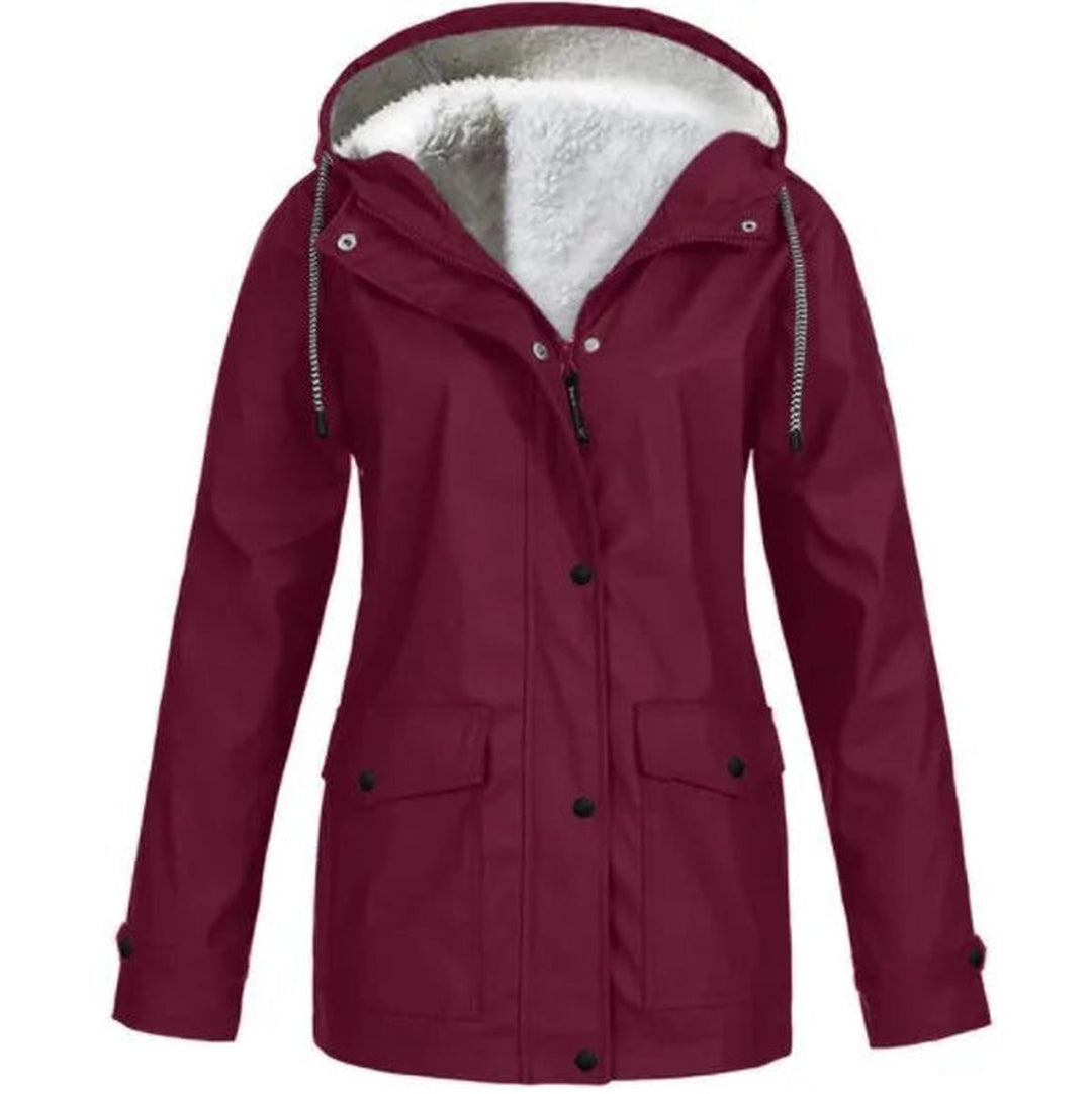 Side view of women's water & windproof insulated hooded jacket, showcasing warmth and design.