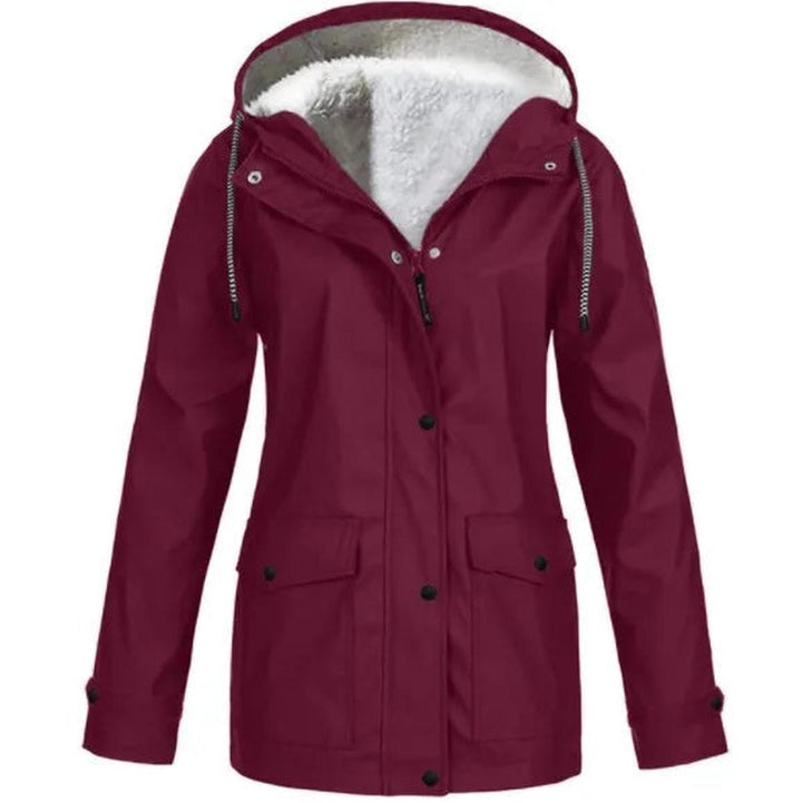 Side view of women's water & windproof insulated hooded jacket, showcasing warmth and design.