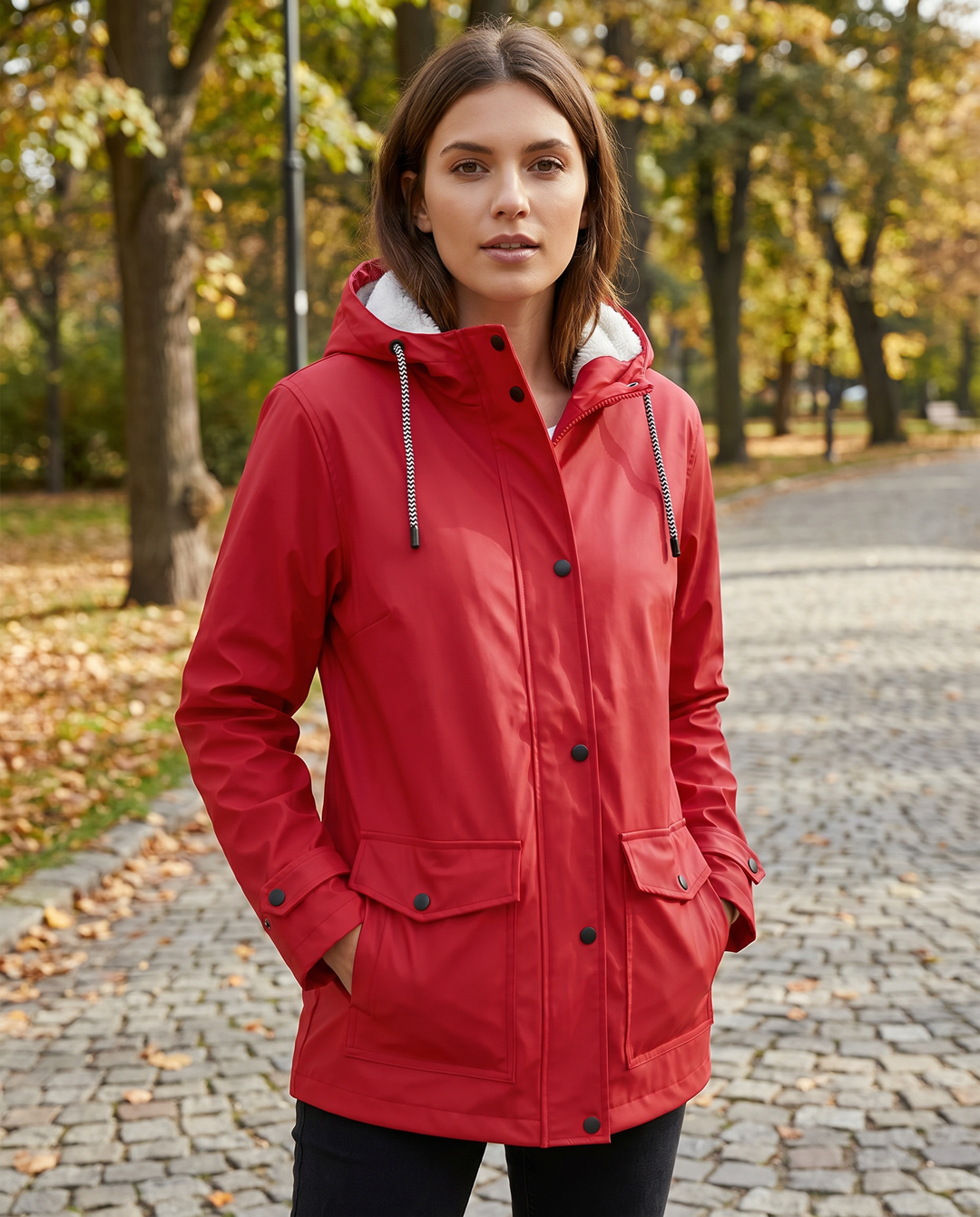 Warm women's insulated jacket with a protective hood, ideal for outdoor travel in fall & winter.