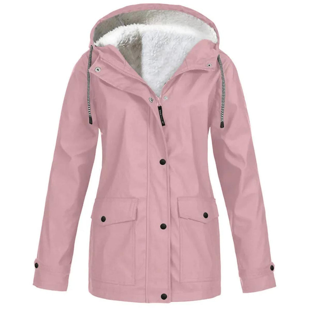 Protective women's windproof & waterproof insulated jacket with hood, perfect for cold outdoor adventures.