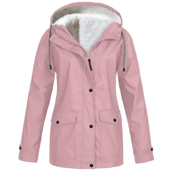 Protective women's windproof & waterproof insulated jacket with hood, perfect for cold outdoor adventures.