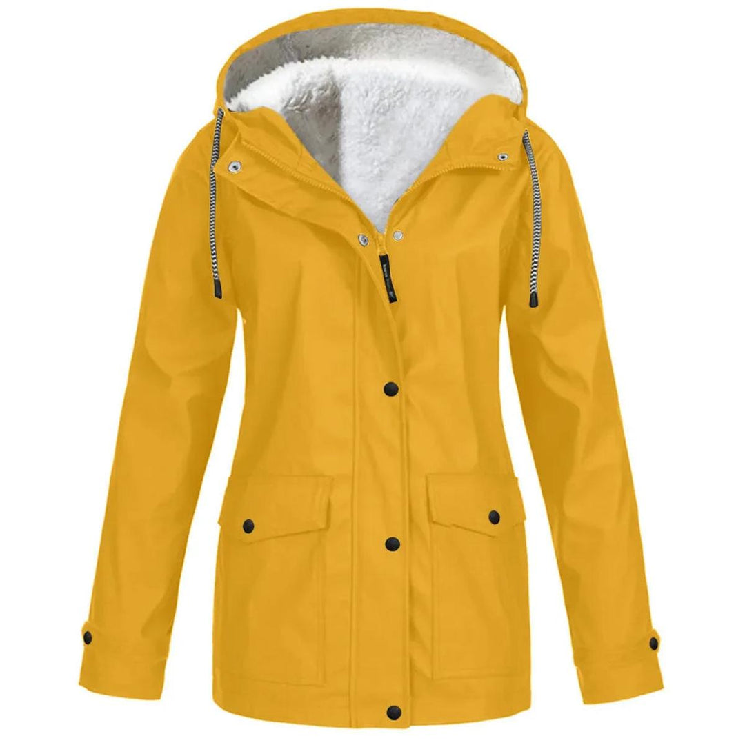 Front view of women's warm hooded insulated jacket, waterproof & windproof, ready for winter.