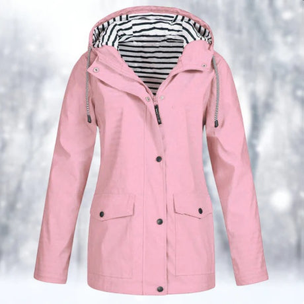 Women's weather protection jacket, rain & wind resistant outerwear for all-season outdoor activities.