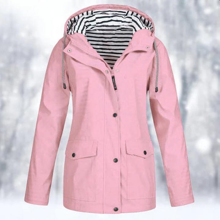 Women's weather protection jacket, rain & wind resistant outerwear for all-season outdoor activities.