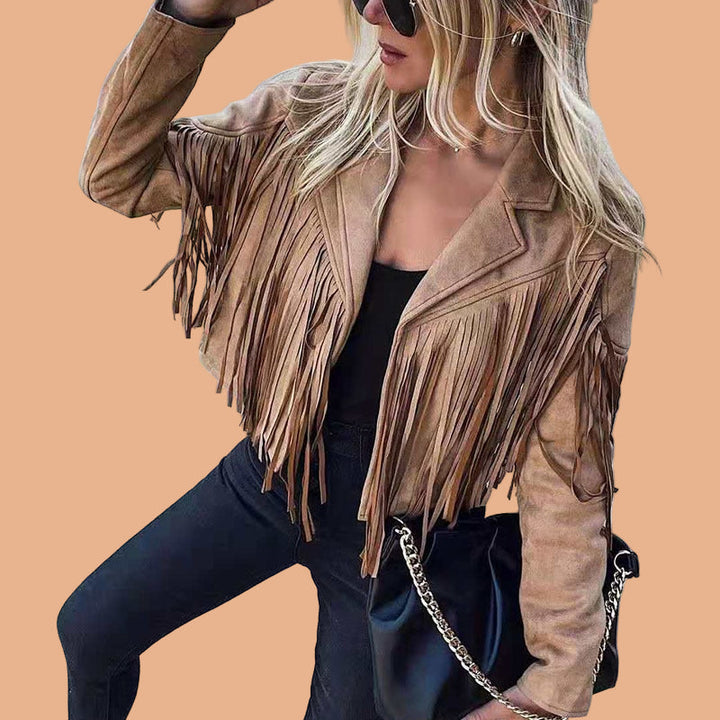 Stylish women's statement cropped jacket with long sleeves & fringe, unique western outerwear for winter.