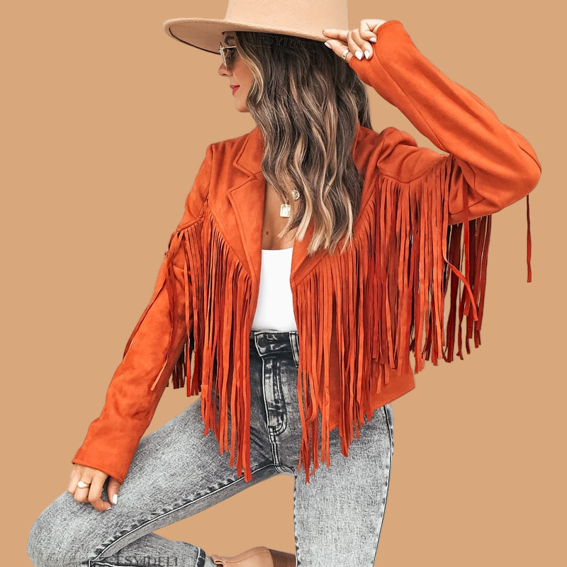 Elegant women's fringe cropped jacket, ideal for casual or evening wear, embracing a western boho look.