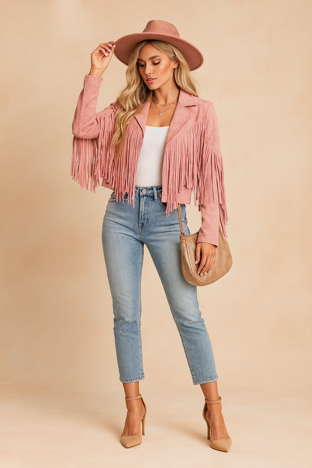 Trendy women's long sleeve fringe cropped jacket, showcasing a chic western style outerwear for cold weather.