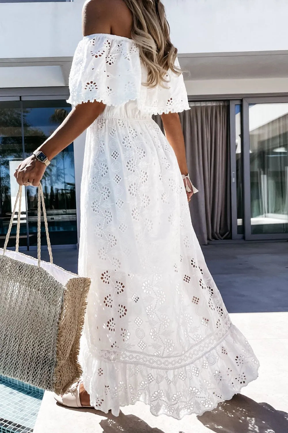 Boho white lace off-shoulder high-low dress with ruffles, a chic and comfortable summer party or beach style.