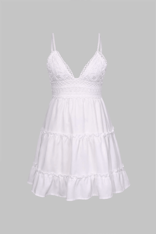 Women's white mini dress with ruffle V-neck, perfect for summer casual wear or a beach vacation outfit.