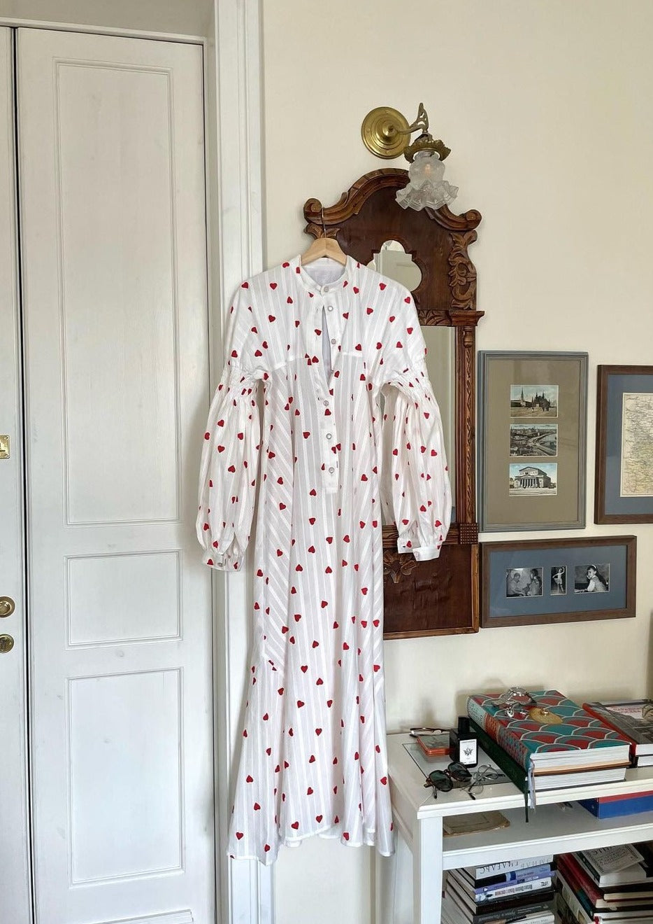 White long dress for women, elegant oversized fit with subtle embroidered heart accents.