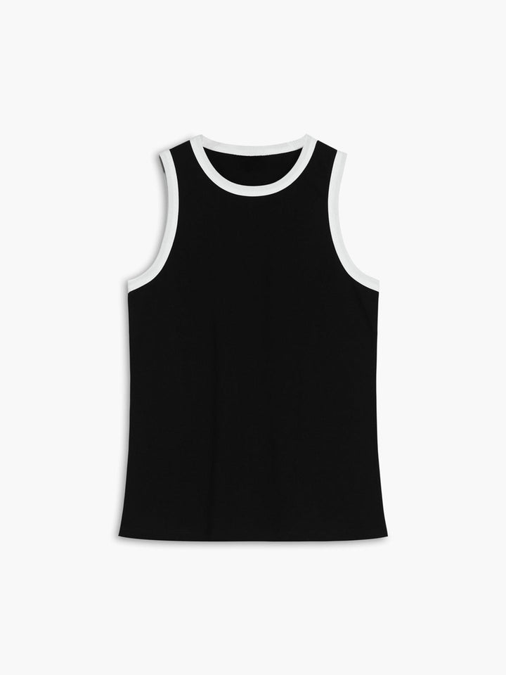 Casual women's ribbed tank top with contrast trim, a versatile and comfortable sleeveless summer essential.
