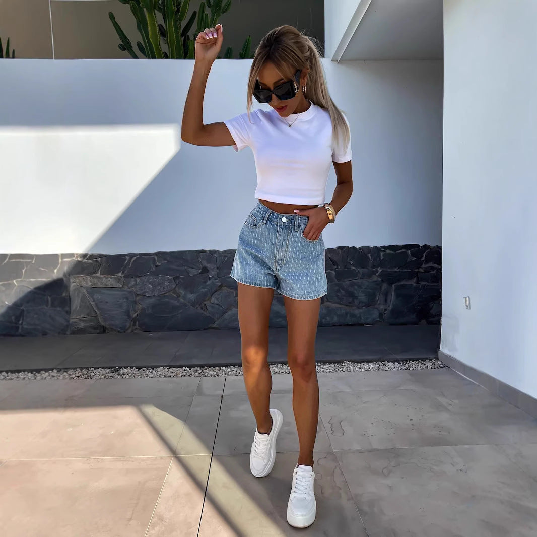 Comfortable denim women's jorts, featuring a wide leg cut and fashionable stripe, ideal for summer casual wear.