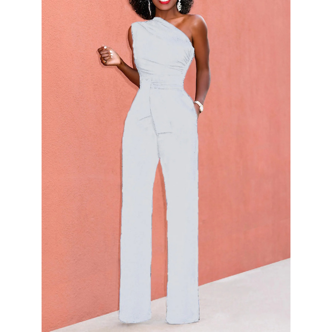 Casual women's wide-leg short sleeve jumpsuit, belted for a defined silhouette, ideal for comfortable daily wear.
