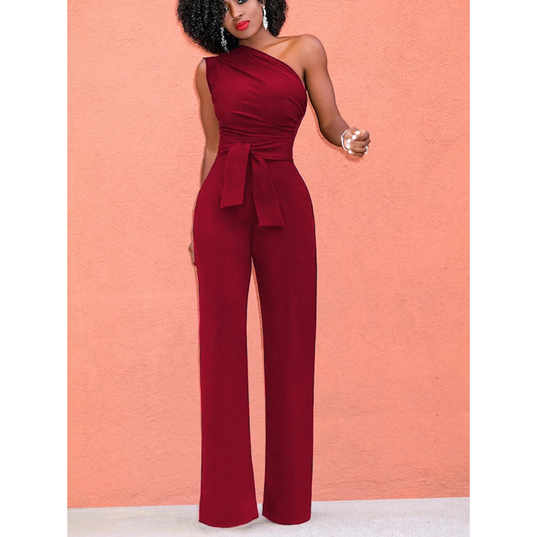 Elegant women's wide-leg jumpsuit, short sleeves & self-tie belt. A sophisticated one-piece for evening wear.