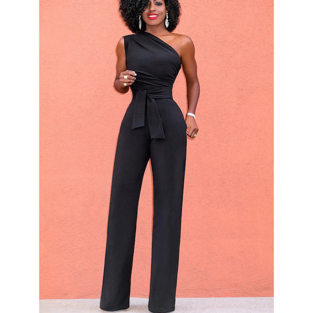 Women's one-piece wide-leg short sleeve jumpsuit with a flattering belted waist, versatile for casual or evening.