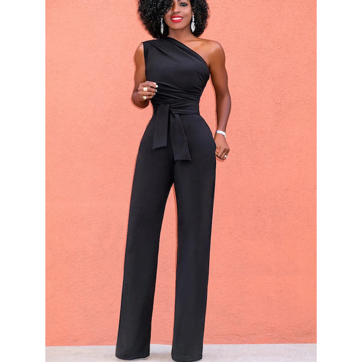 Women's one-piece wide-leg short sleeve jumpsuit with a flattering belted waist, versatile for casual or evening.