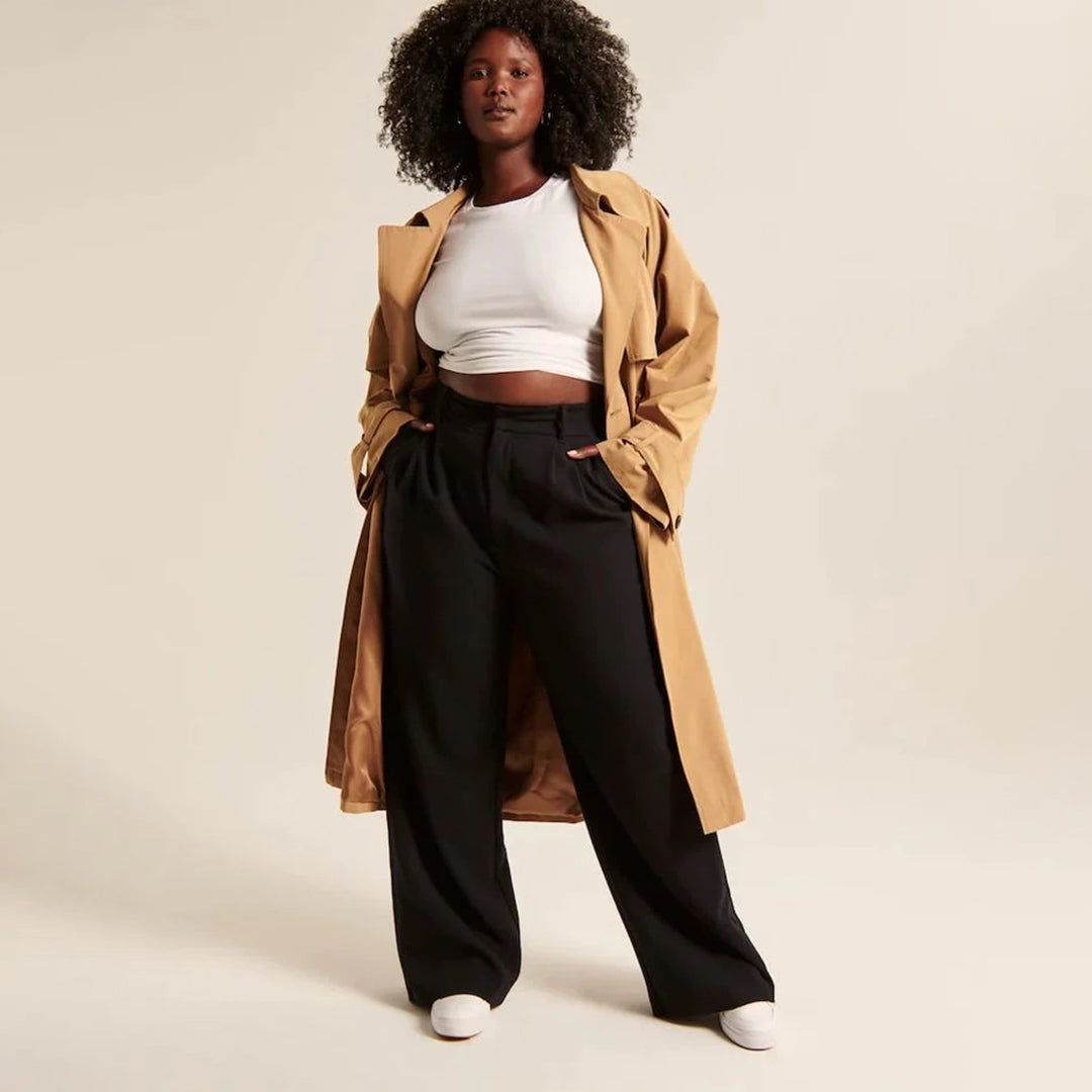 Professional women's work pants, wide-leg & high-waisted, tailored for comfort and elegance in office attire.