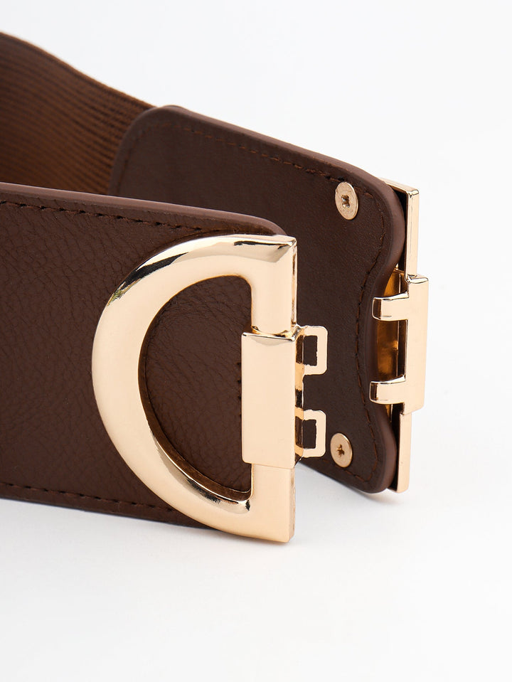 Comfortable women's wide stretchy cincher belt with an elegant buckle, great for various outfits.