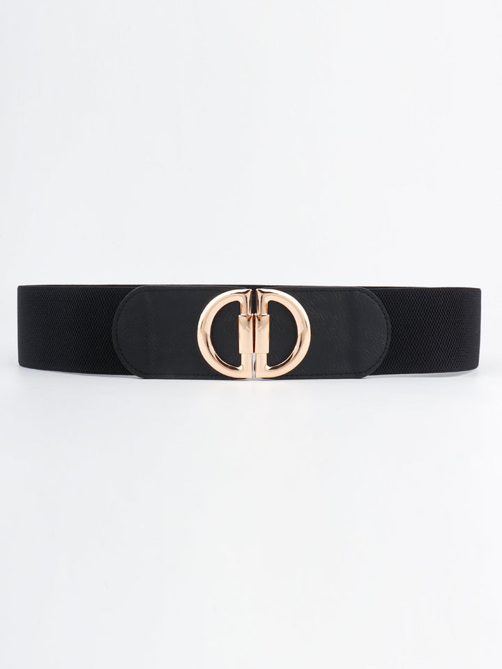Wide stretchy women's waist belt, designed with a stylish statement buckle for fashion-forward looks.