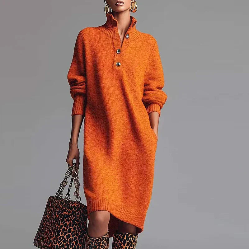 Women's winter turtleneck midi dress. Cozy long-sleeve casual style for elegant comfort & fall outfits.
