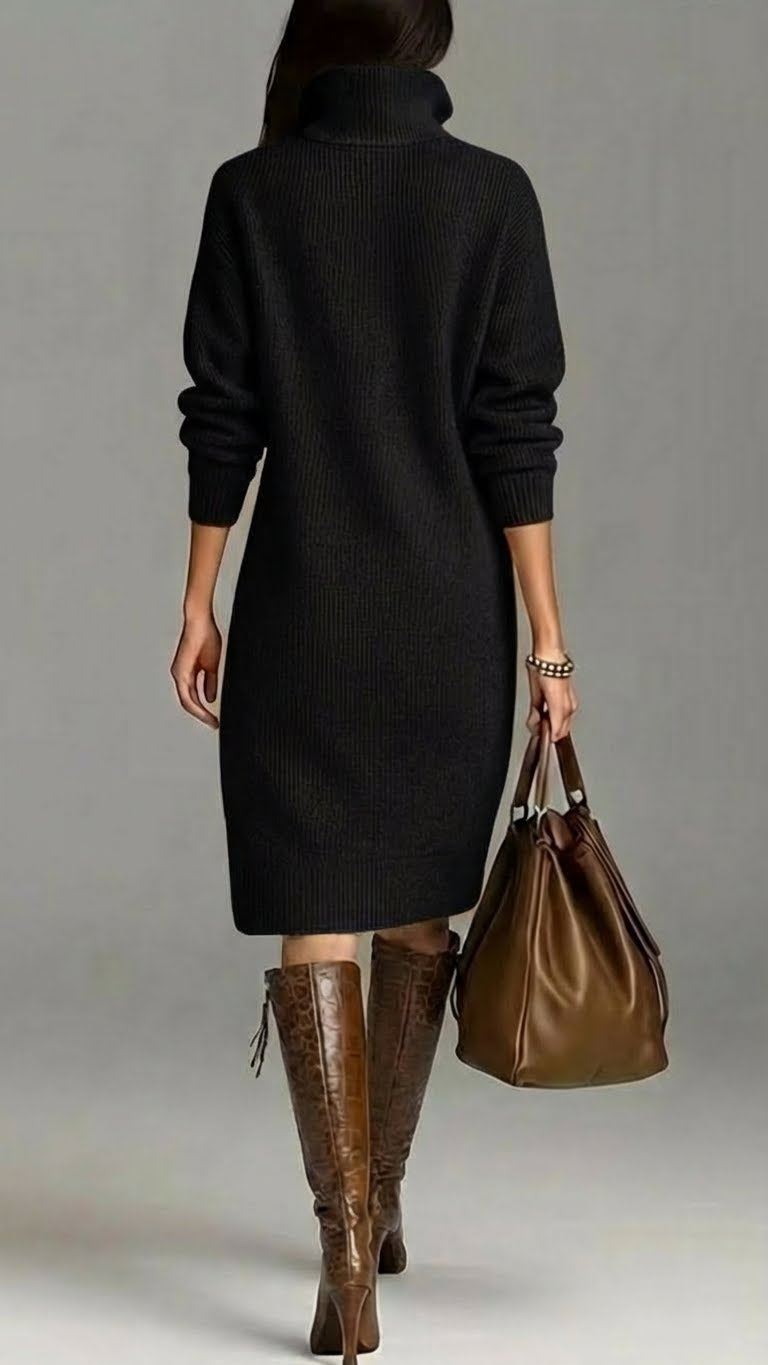 Stylish woman in a cozy winter turtleneck midi dress. Long-sleeve, casual, elegant comfort outfit.