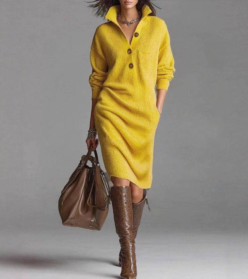 Front view of a women's cozy winter turtleneck midi dress. Long-sleeve, casual, elegant comfort style.