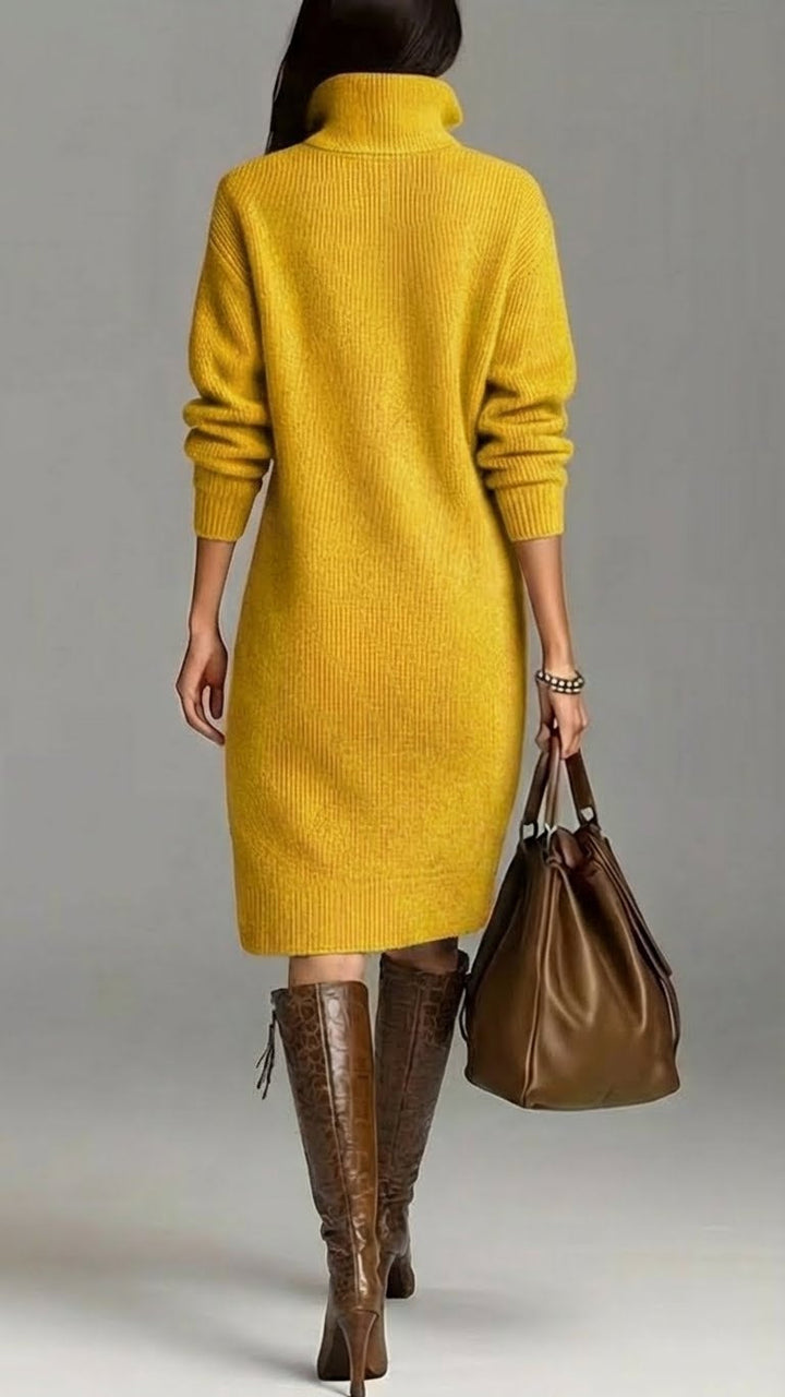 Women's oversized knit turtleneck midi dress. Cozy long-sleeve winter fashion, ideal for casual wear.
