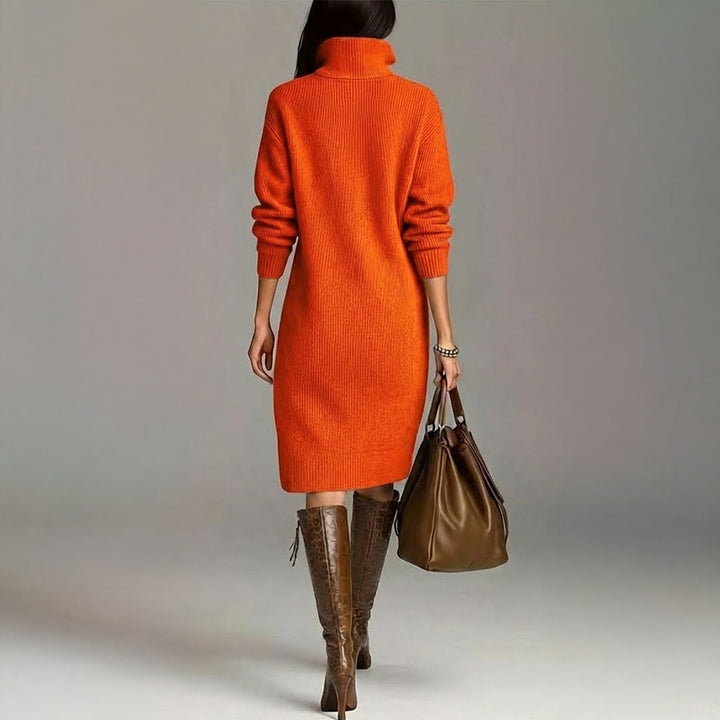 Soft knit women's turtleneck midi dress. Cozy long-sleeve winter casual wear for elegant comfort.