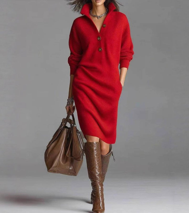 Charcoal gray women's turtleneck midi winter dress. Cozy long-sleeve for fall outfits & elegant comfort.