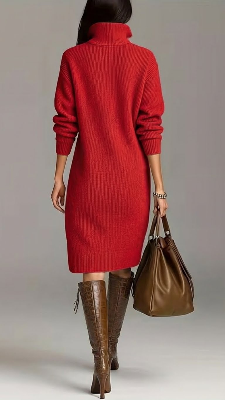 Cream white women's winter turtleneck midi dress. Elegant comfort, casual long sleeve for cozy style.