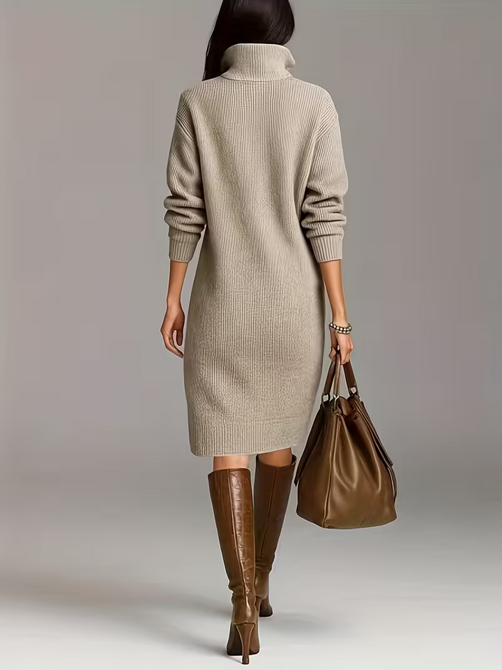 High neck women's turtleneck midi dress. Cozy long-sleeve winter style, casual & elegant comfort.