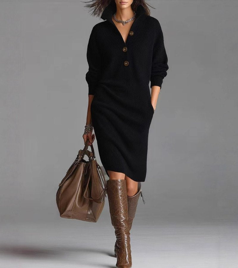 Women's full-length winter turtleneck midi dress. Casual, cozy, long-sleeve style for elegant everyday.