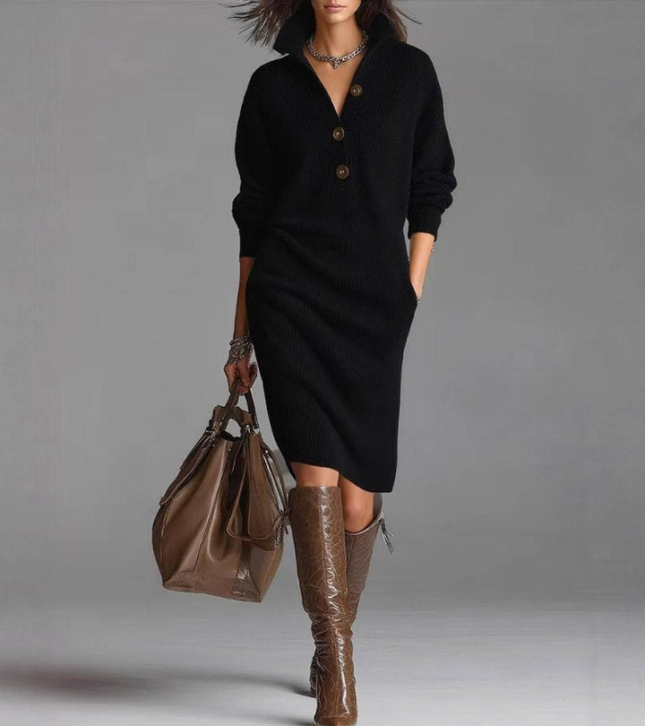 Women's full-length winter turtleneck midi dress. Casual, cozy, long-sleeve style for elegant everyday.