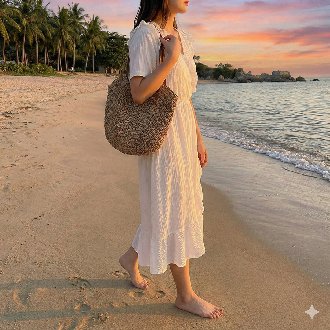 Beige woven beach shoulder tote bag for women, ideal for summer, travel, and everyday essentials. Spacious & chic.