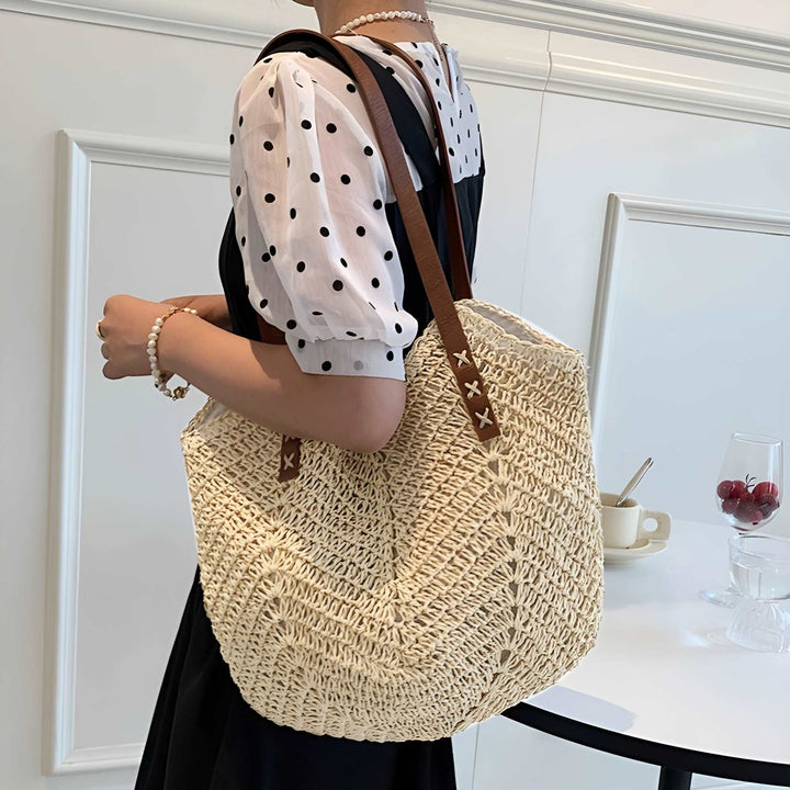 Casual women's woven beach bag, a versatile shoulder tote for vacation, beach trips, and everyday summer style.