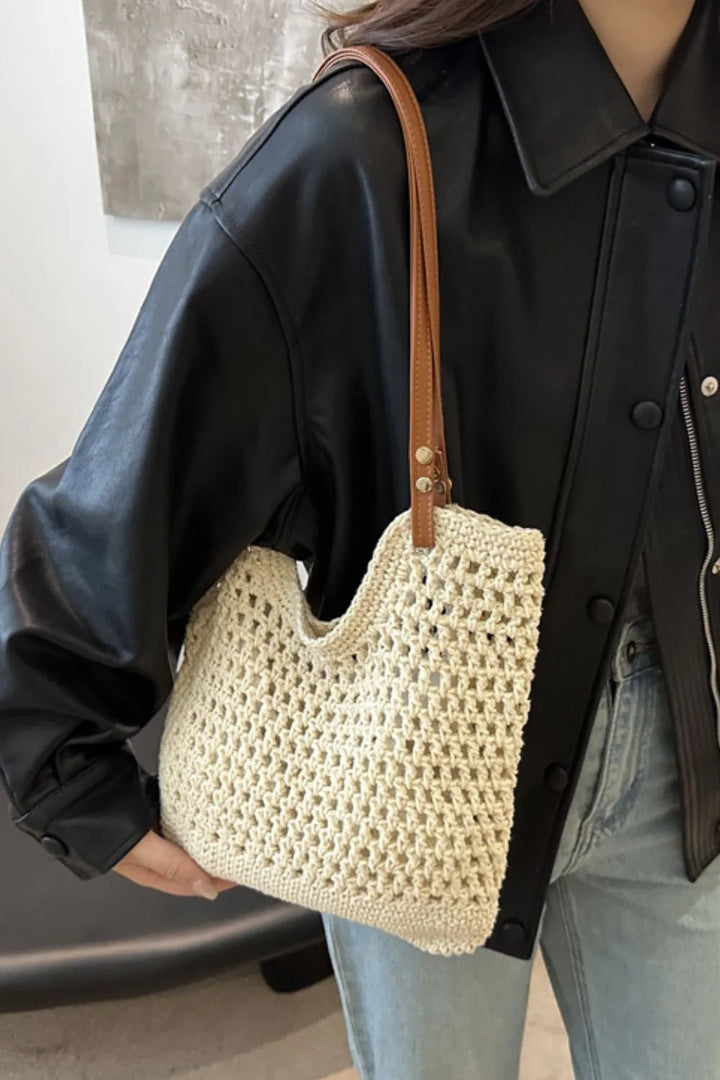 Boho-style women's woven cotton shoulder bag in camel. A stylish, lightweight fabric bag for everyday use.